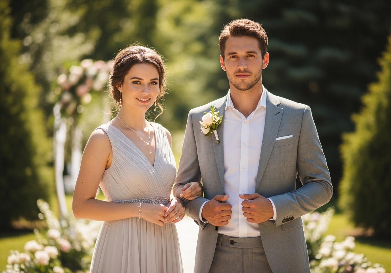 Para na ślubie w ogrodzie, ubrani elegancko, stoją na tle zieleni i kwiatów, uśmiechnięci w świetle słonecznym