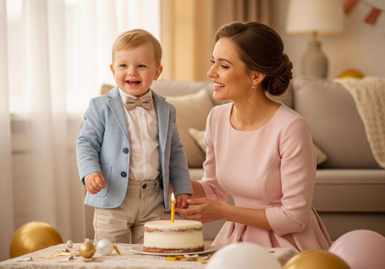 Chłopiec obok uśmiechniętej mamy przy torcie z jedną świeczką w przytulnym salonie na urodzinach.
