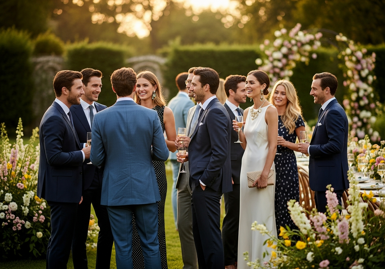 Eleganccy goście weselni rozmawiający w ogrodzie podczas złotej godziny.
